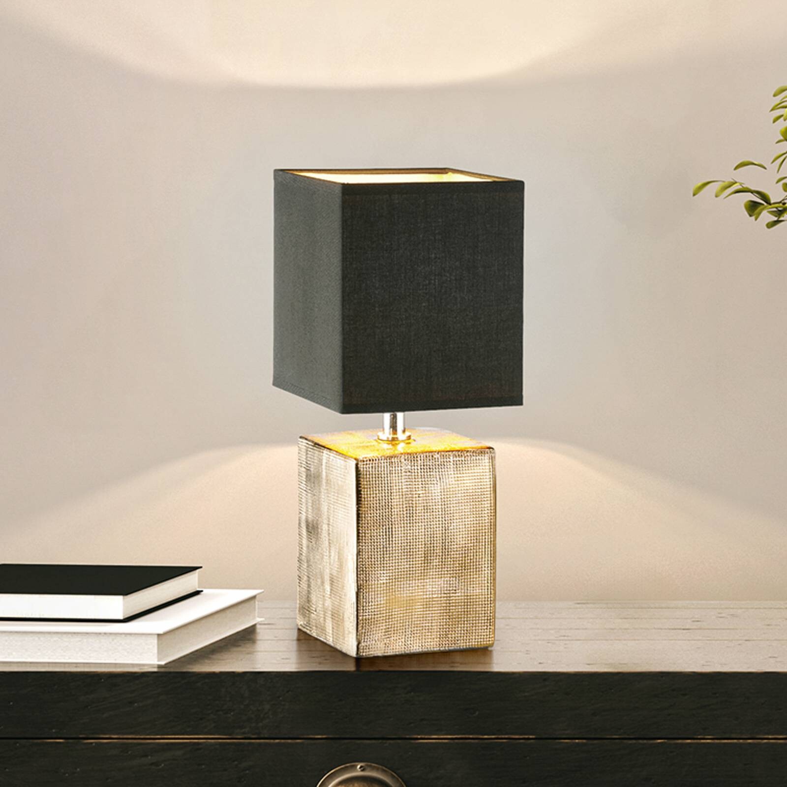 Stolová lampa Ouro, čierna/antická bronzová, 35 cm, textil/keramika