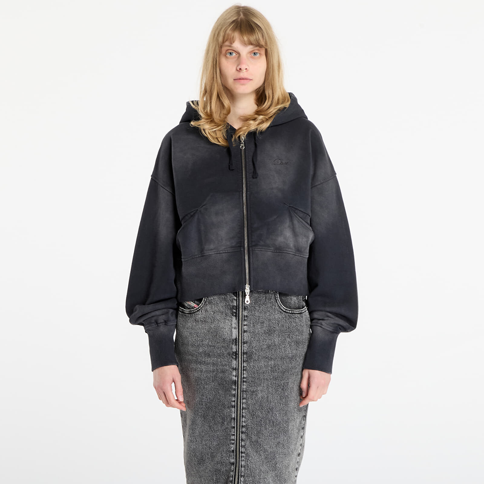 Mikina Dime Cropped Zip Hoodie UNISEX Black Washed XL