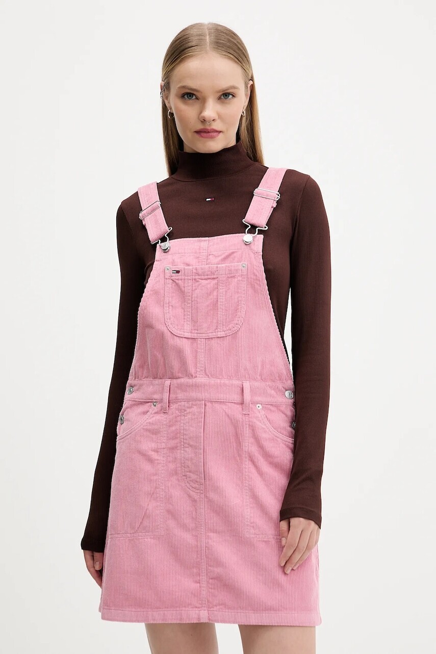 Menčestrové šaty Tommy Jeans ružová farba, mini, áčkový strih, DW0DW21494