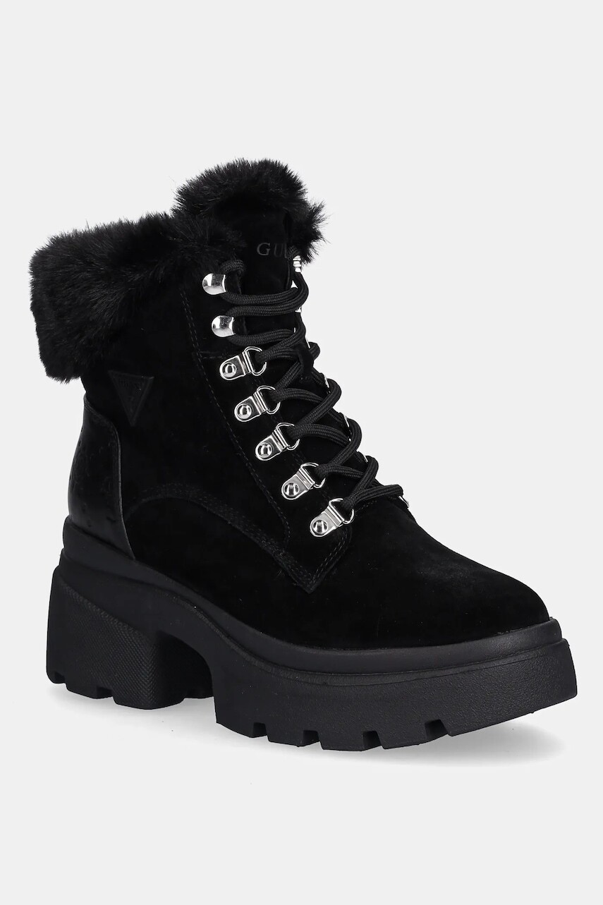 Členkové topánky Guess YARELI čierna farba, na podpätku, zateplené, FLFYRL SUE10