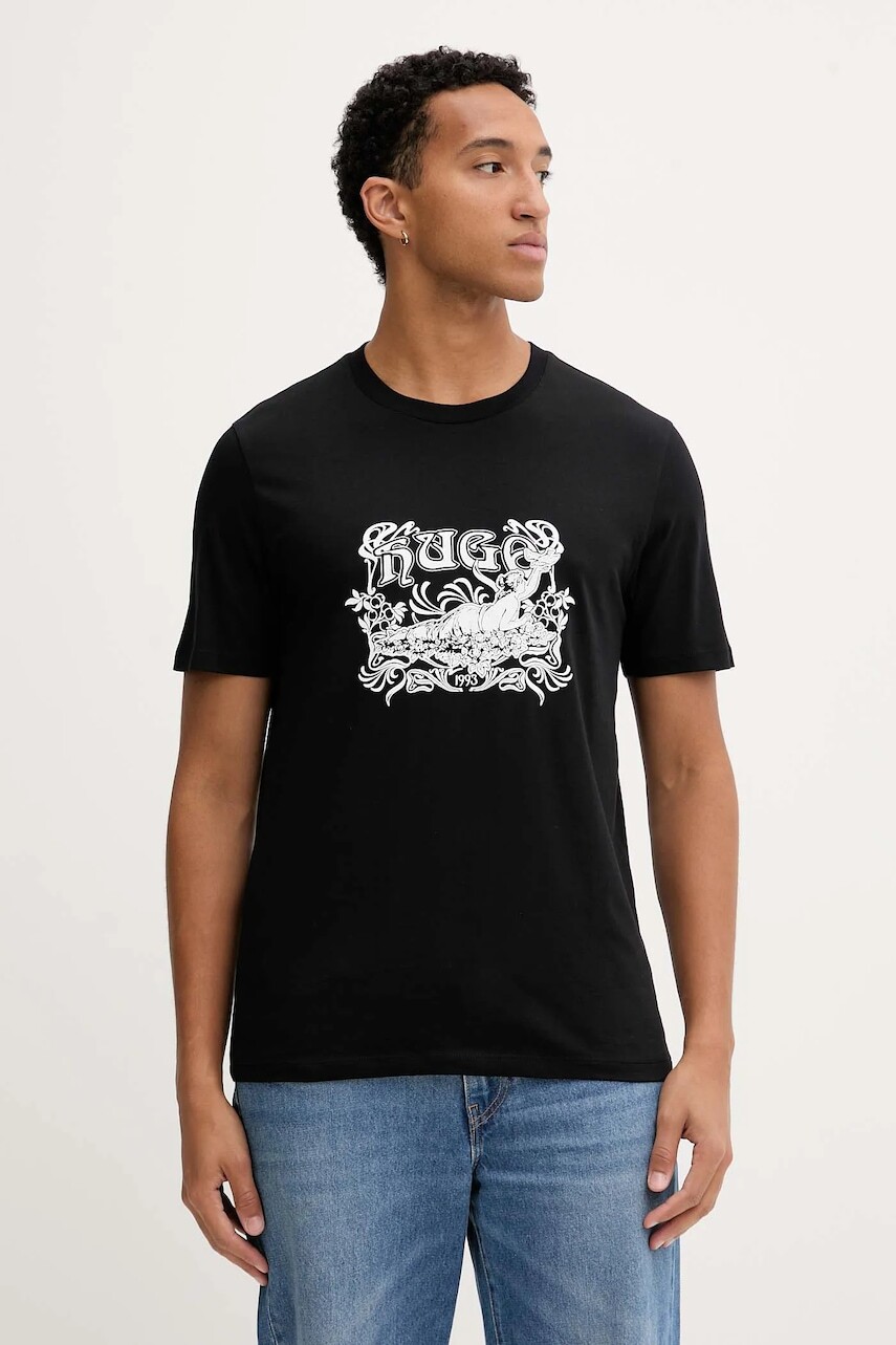 Bavlnené tričko HUGO pánske, čierna farba, s potlačou, 50548565