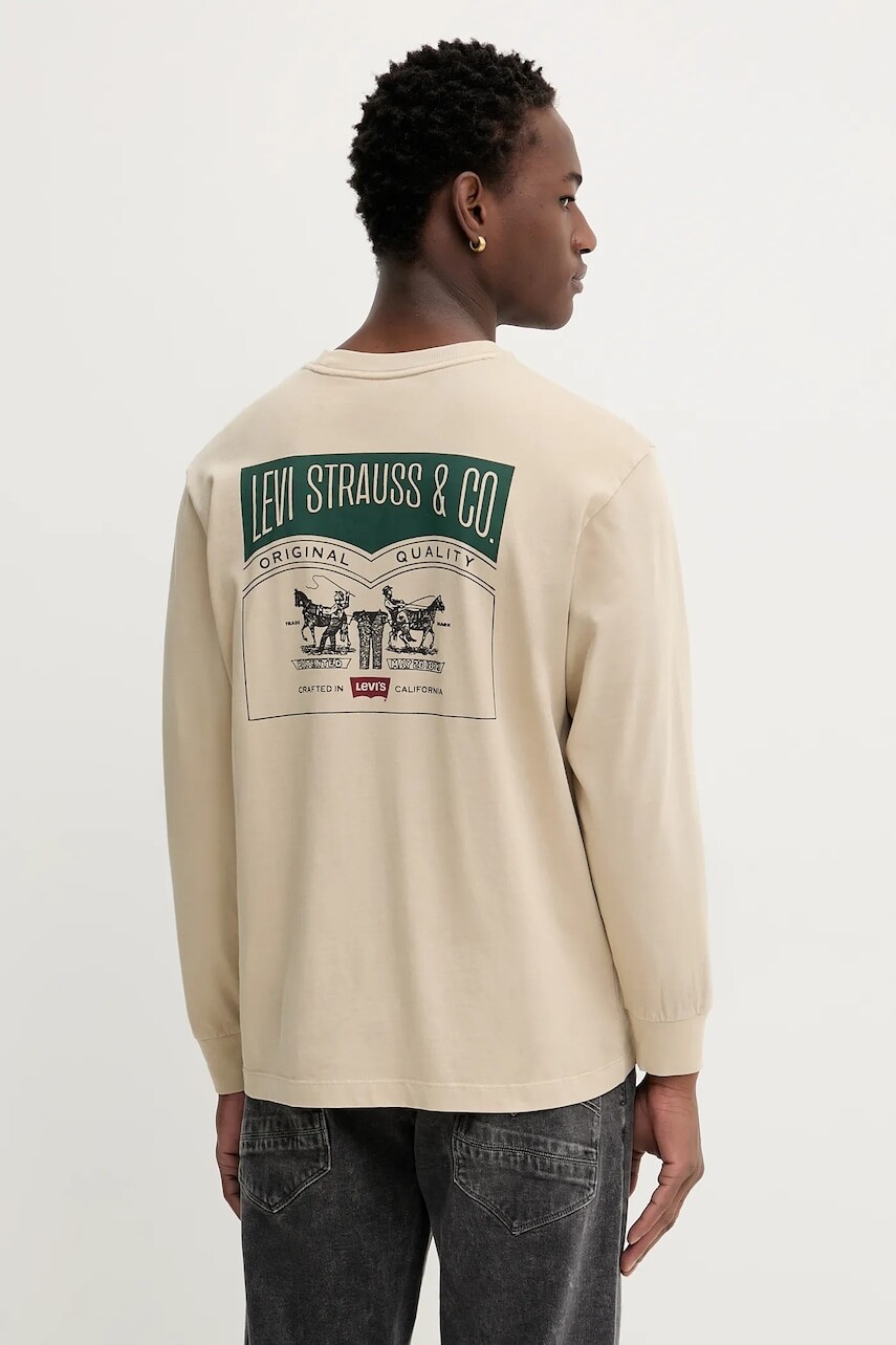 Bavlnené tričko s dlhým rukávom Levi's béžová farba, s potlačou, A6145