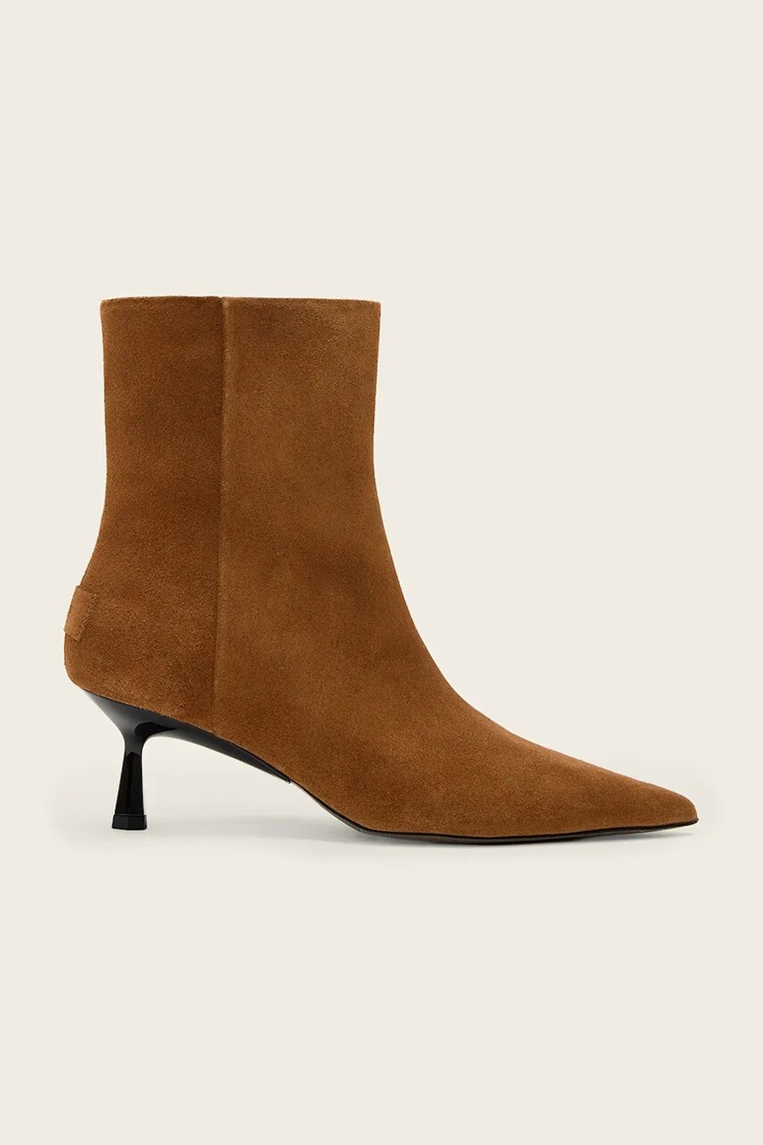 Semišové topánky AllSaints Vivian Suede Boot hnedá farba, na vysokom podpätku, W009FD
