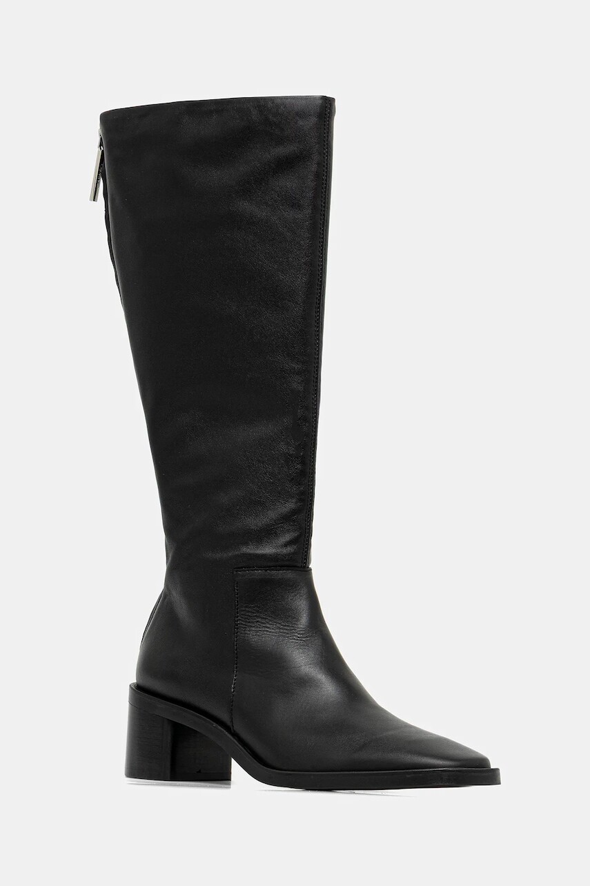 Kožené čižmy Calvin Klein BLOCK HEEL KNEE BOOT LTH čierna farba, na podpätku, HW0HW02812