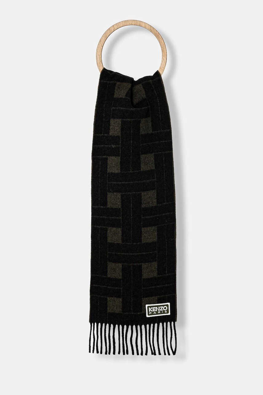 Vlnený šál Kenzo Reversible Scarf zelená farba, vzorovaný, FE68EU014JEC.51