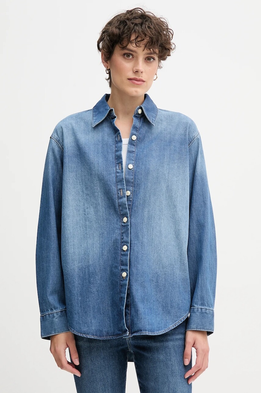 Rifľová košeľa Calvin Klein Jeans modrá farba, voľný strih, s klasickým golierom, LV047D758G