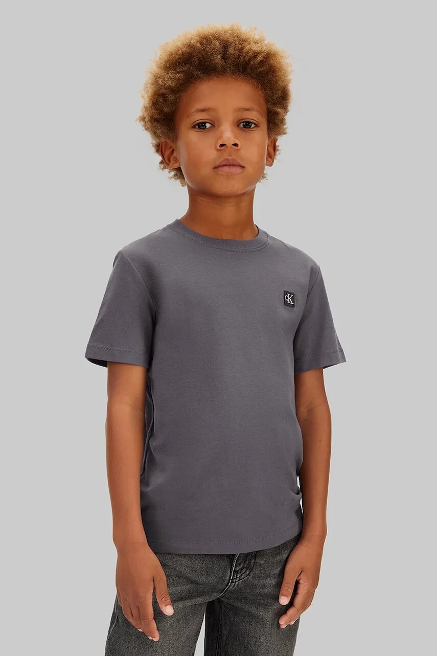 Detské bavlnené tričko Calvin Klein Jeans šedá farba, s potlačou, IU0IU00543