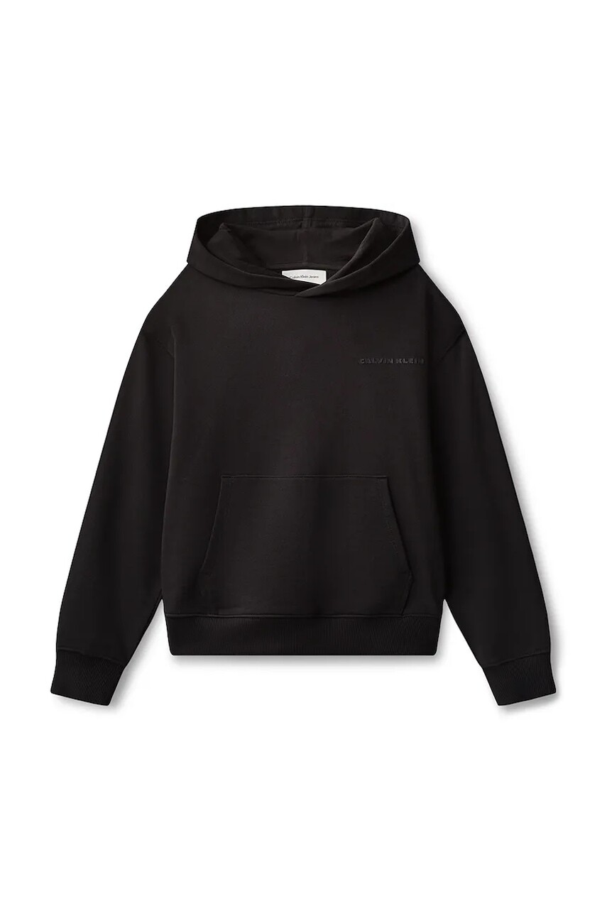 Detská bavlnená mikina Calvin Klein Jeans čierna farba, s kapucňou, s potlačou, IB0IB02618