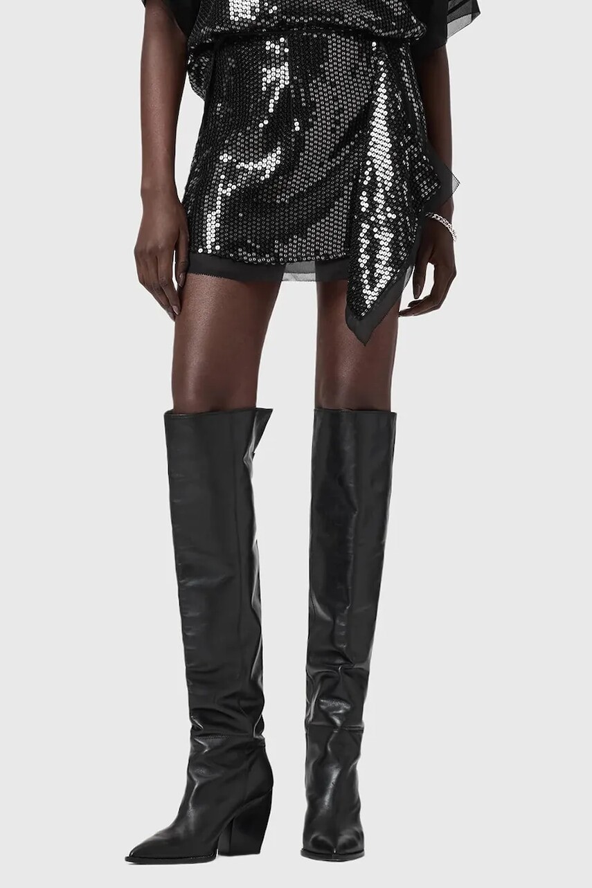 Sukňa AllSaints čierna farba, mini, áčkový strih, W035RD