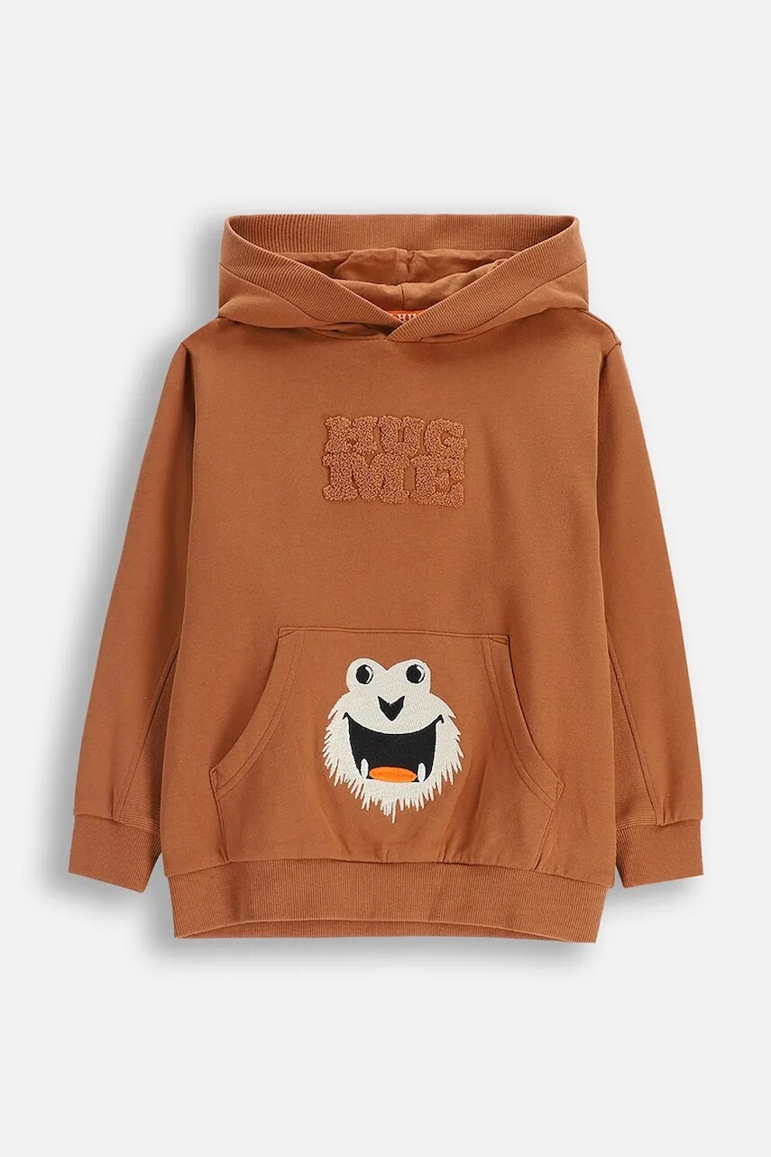 Detská bavlnená mikina Coccodrillo hnedá farba, s kapucňou, s potlačou, YETI BOY KIDS