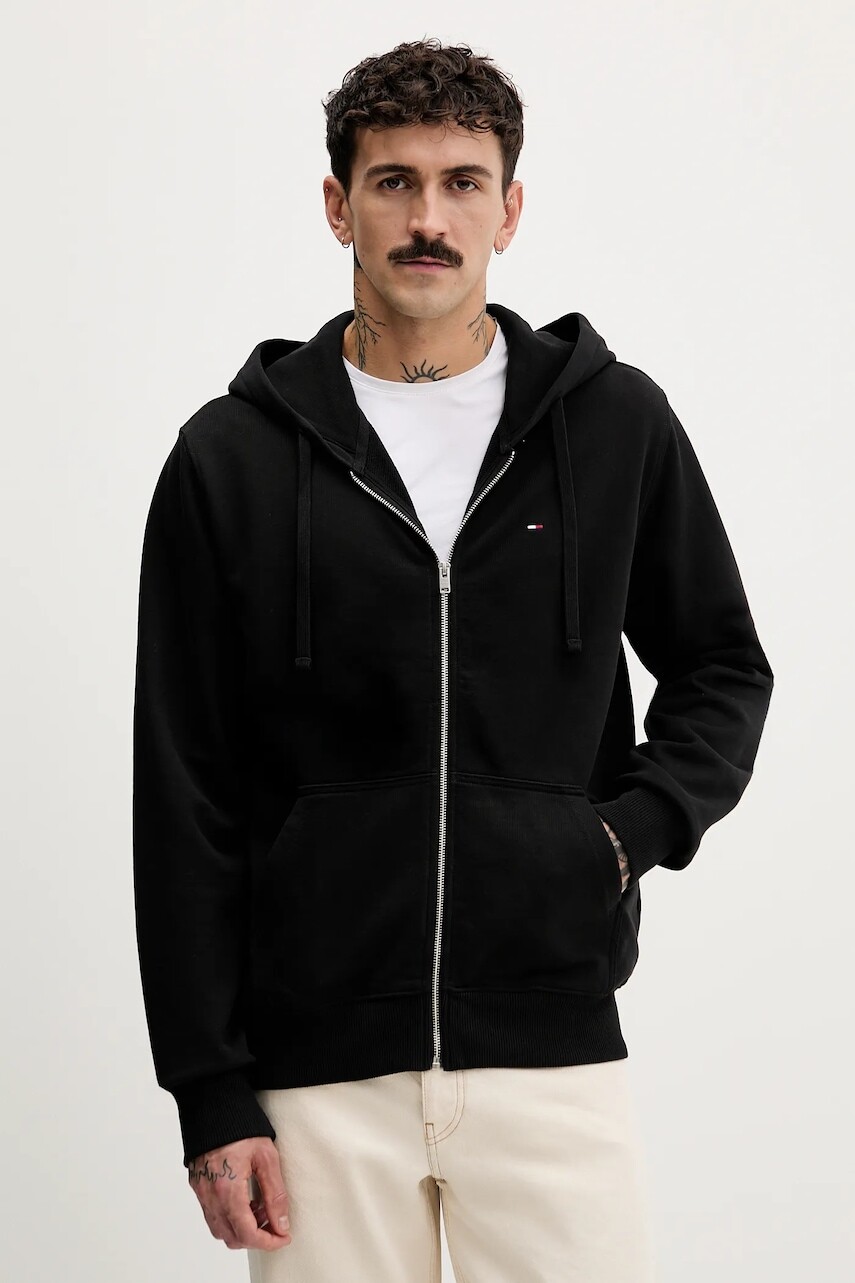 Bavlnená mikina Tommy Jeans čierna farba, s kapucňou, melanžová, DM0DM21814