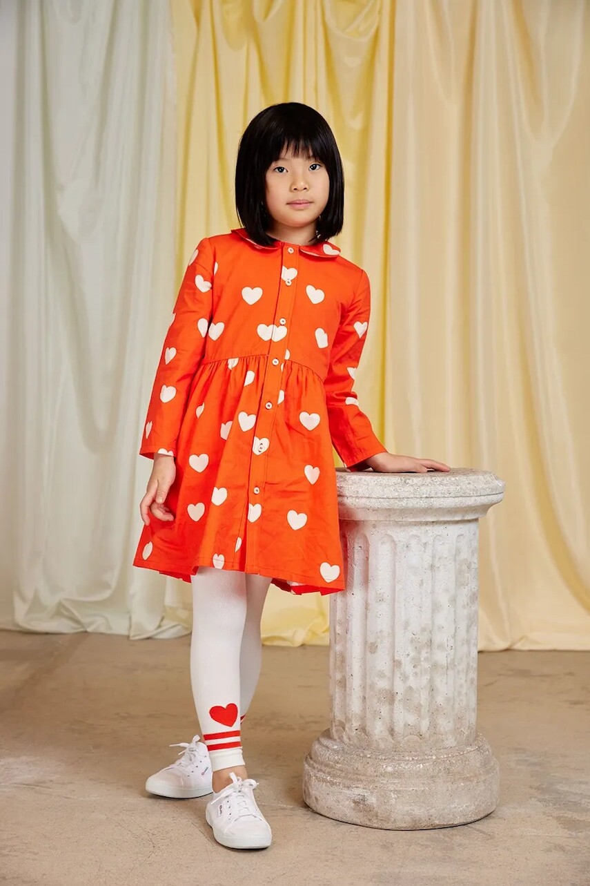 Dievčenské bavlnené šaty Mini Rodini Hearts oranžová farba, midi, áčkový strih, 26150118
