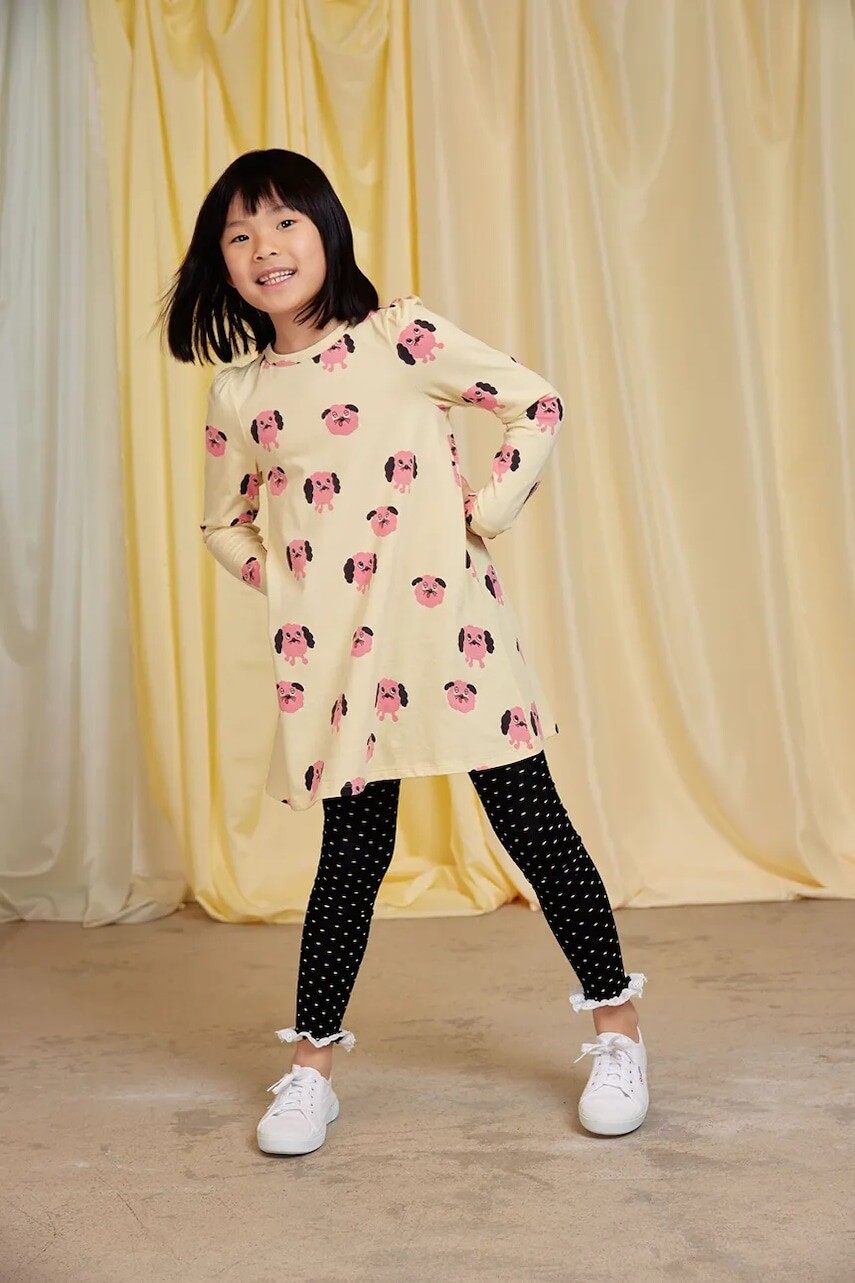 Dievčenské šaty Mini Rodini Doggies žltá farba, mini, áčkový strih, 26150103