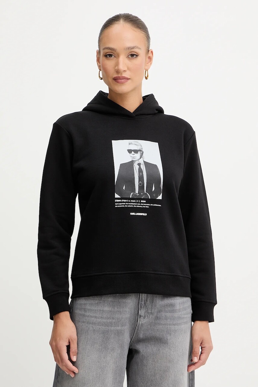 Mikina Karl Lagerfeld čierna farba, s kapucňou, s potlačou, B1W20012