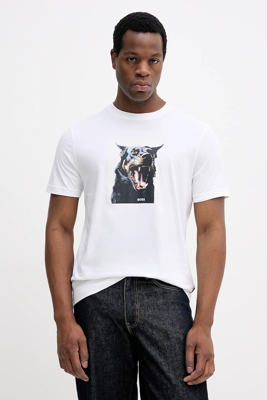 Bavlnené tričko BOSS Orange pánske, biela farba, s potlačou, 50558965