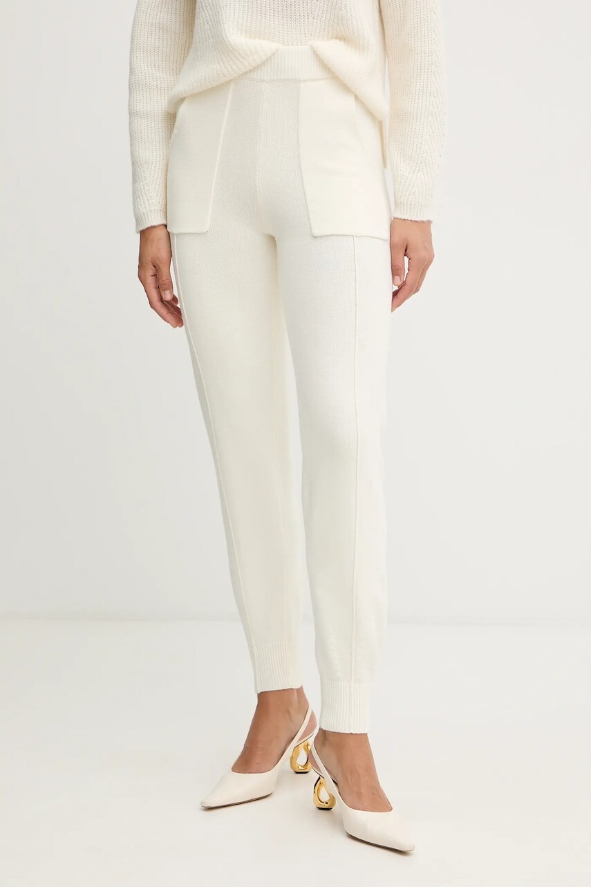 Nohavice s prímesou vlny Twinset béžová farba, vysoký pás, 252TT3452