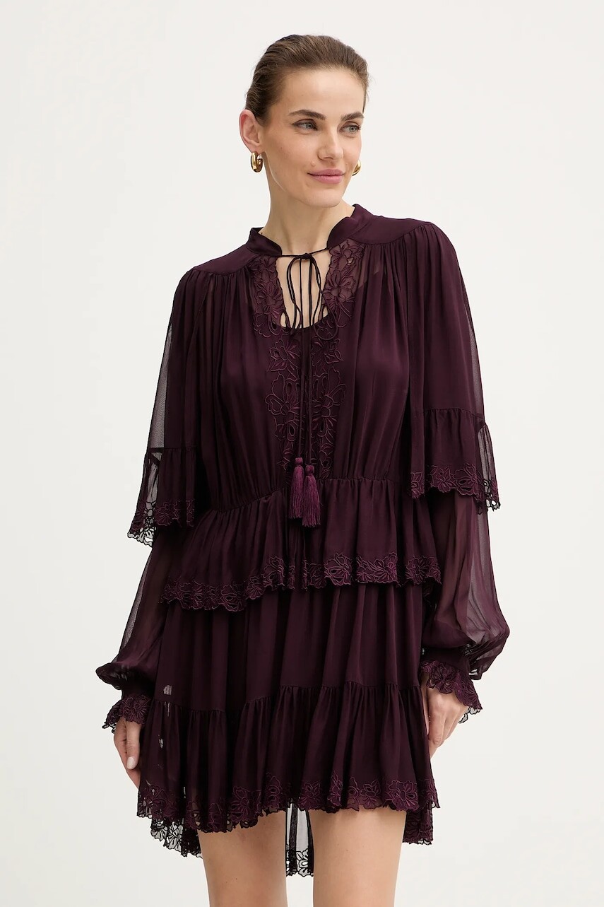 Viskózové šaty Twinset bordová farba, mini, rovný strih, 252TS2296