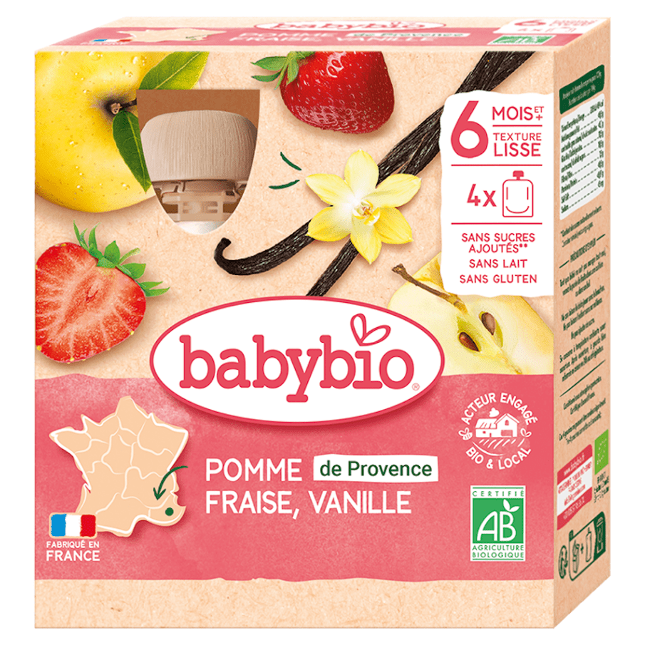 BABYBIO Jablko s jahodou a vanilkou 6m+ 4 x 90 g