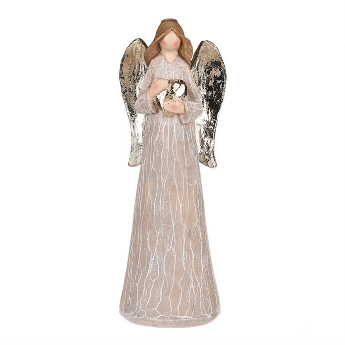 Dekorácia Anjel so zlatými krídlami a srdcom, polyresin, hnedá