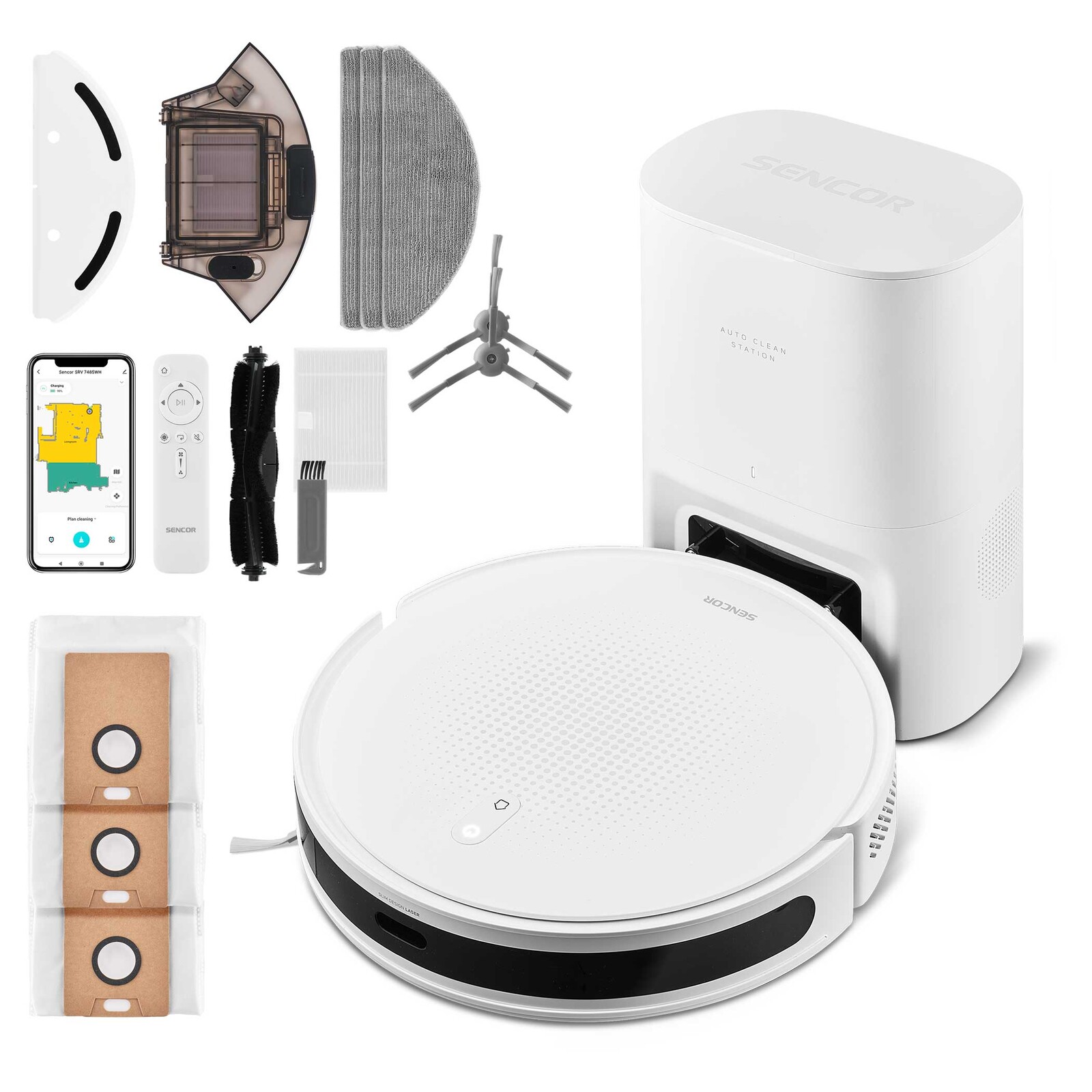 Sencor SRV 7485WH Robotický vysávač laserová navigácia LiDAR pre orientáciu v priestore, automatické vysypávanie nádoby na prach, sacia sila 5 000 Pa