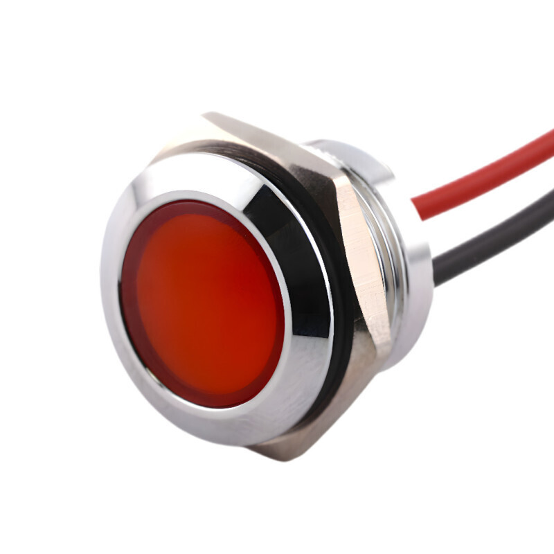 LED kontrolka kovová s vodičmi, pre priemer otvoru 19mm, strieborná, Červená 3-6 V DC