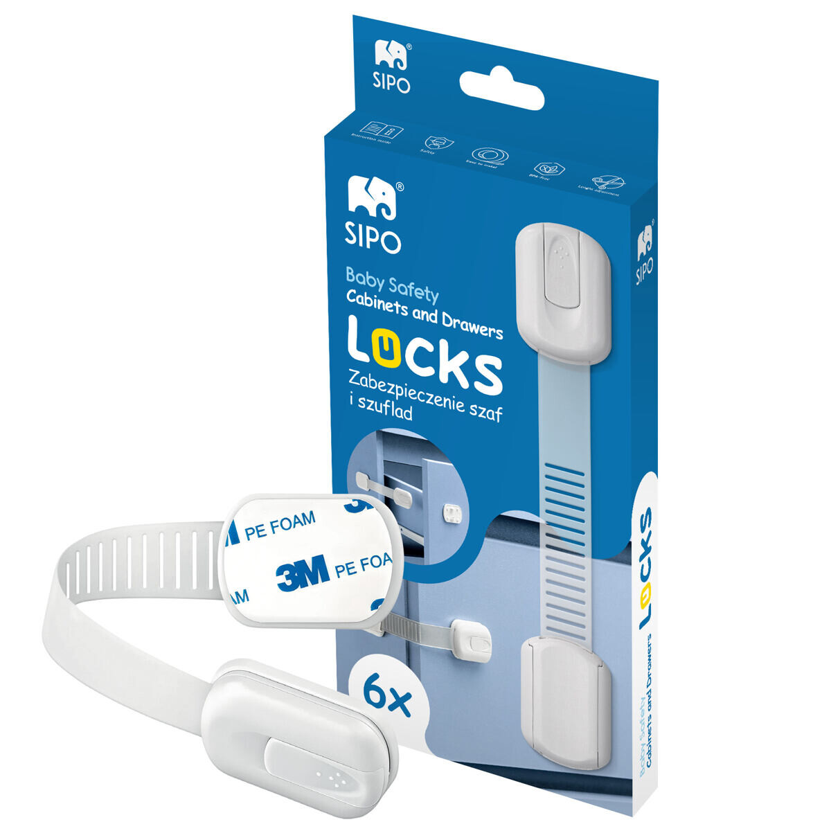 Sipo Bezpečnostné zámky viacúčelové pre skrinky a zásuvky, nastaviteľné, súprava 6 ks