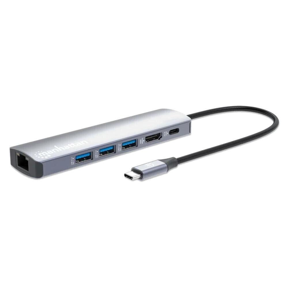 MANHATTAN Dokovacia stanica USB-C 6v1, 1xHDMI, 1xUSB-C, 3xUSB, 1xRJ45, sivá