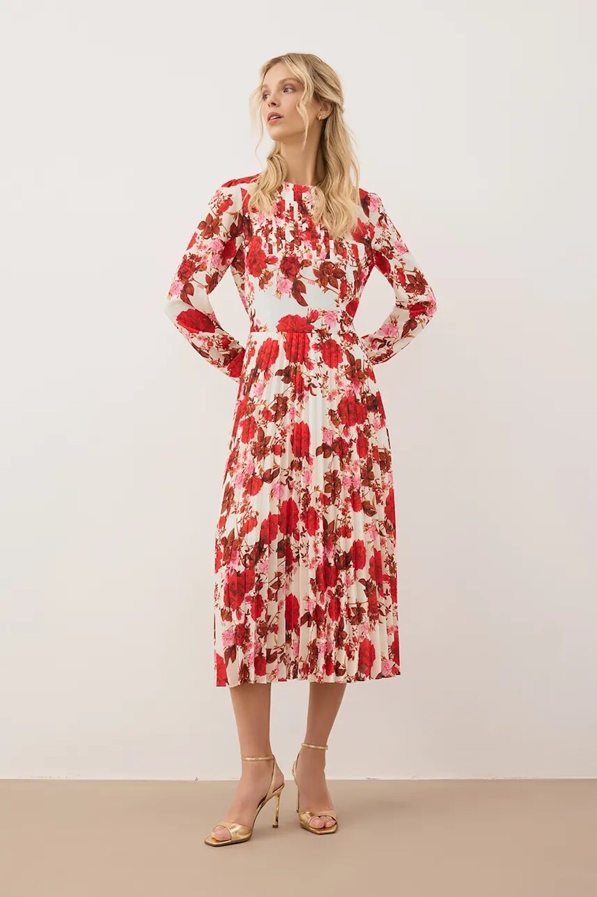 Šaty Bizuu NYLA červená farba, midi, áčkový strih, NYLA KREMOWY