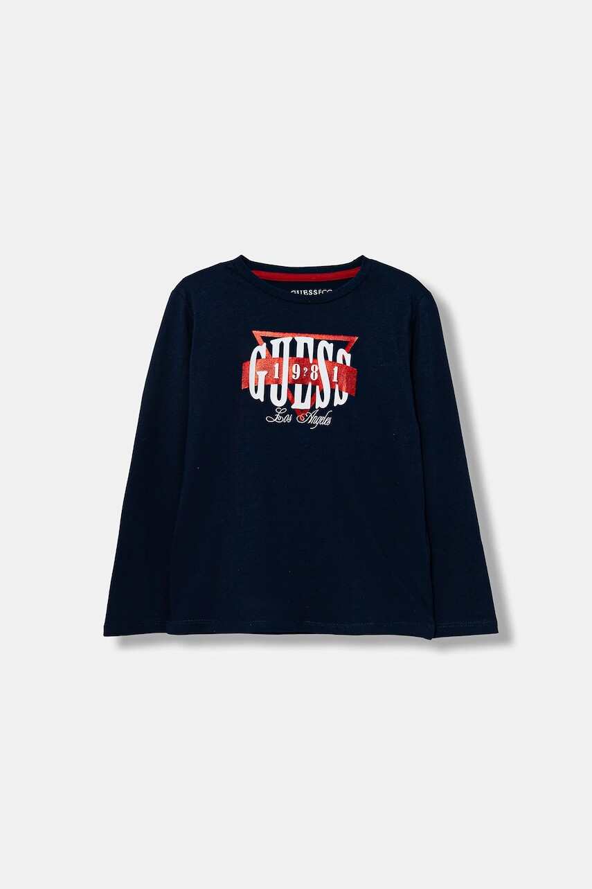 Detská bavlnená košeľa s dlhým rukávom Guess tmavomodrá farba, s potlačou, N5BI01 I3Z14
