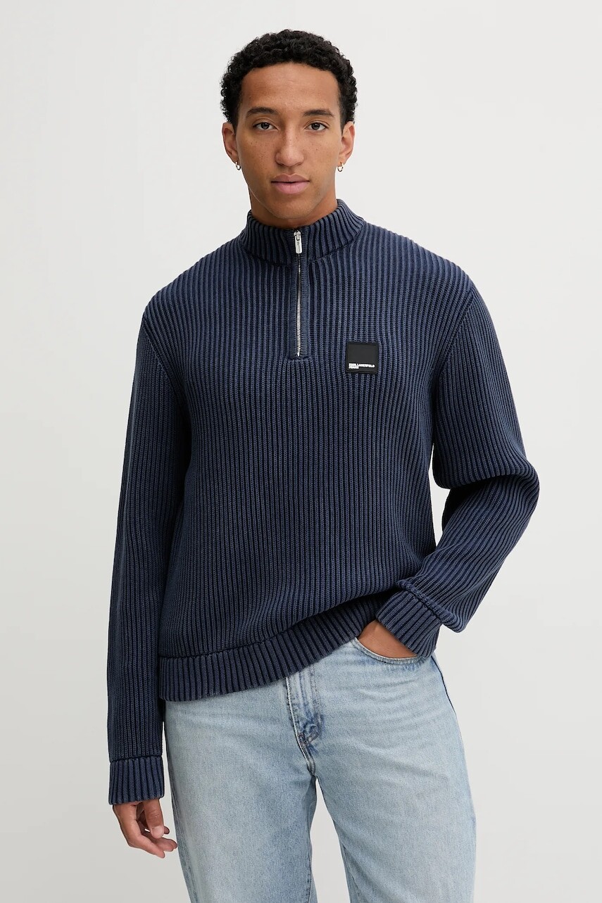 Bavlnený sveter Karl Lagerfeld Jeans tmavomodrá farba, s polorolákom, A4M18034