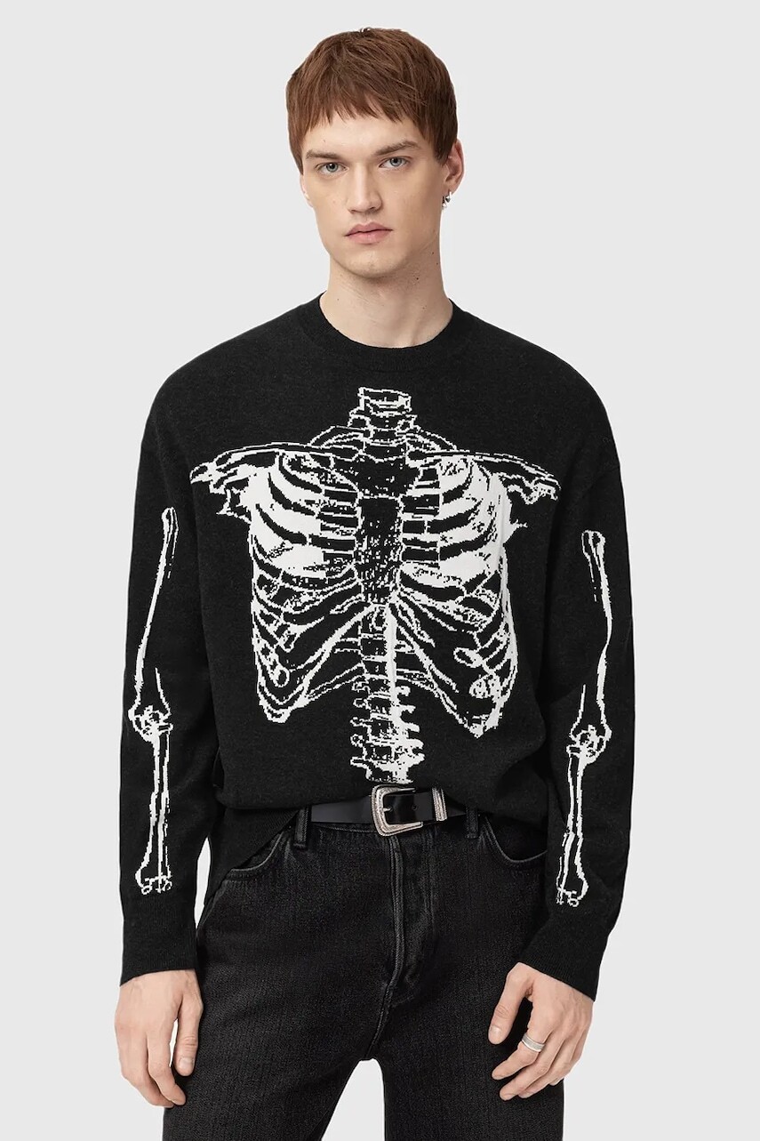 Sveter s prímesou vlny AllSaints SKELLI čierna farba, M051KD