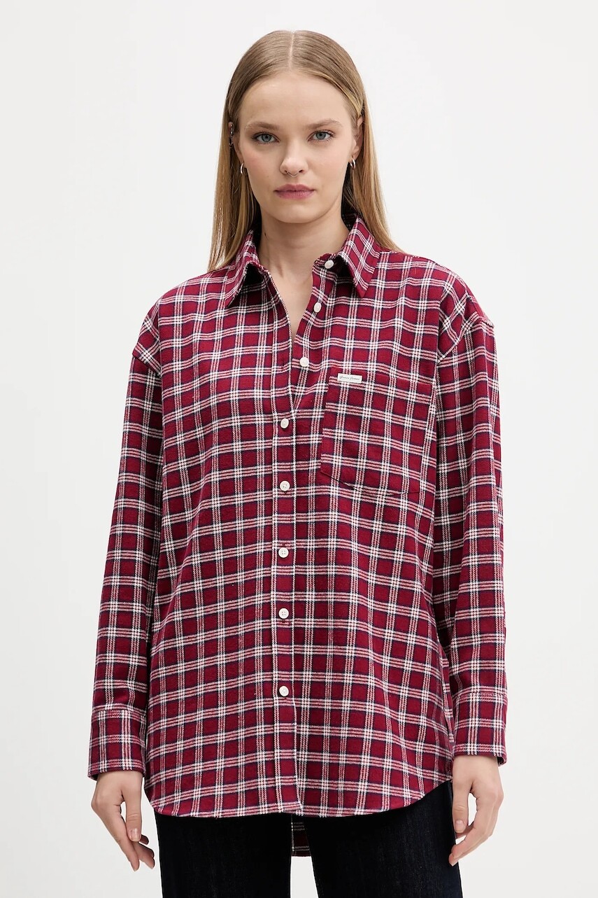 Bavlnená košeľa Guess Jeans bordová farba, voľný strih, s klasickým golierom, W5BH40 WGMH1