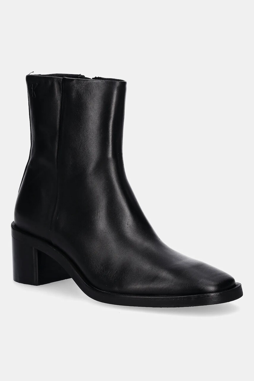 Kožené členkové topánky Calvin Klein BLOCK HEEL ZIP BOOT LTH čierna farba, na podpätku, HW0HW02593