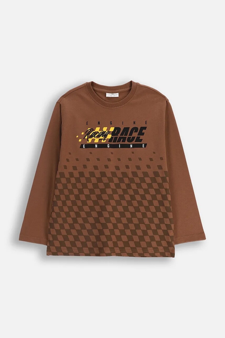 Detská bavlnená košeľa s dlhým rukávom Coccodrillo hnedá farba, vzorovaná, CITY RACING BOY JUNIOR
