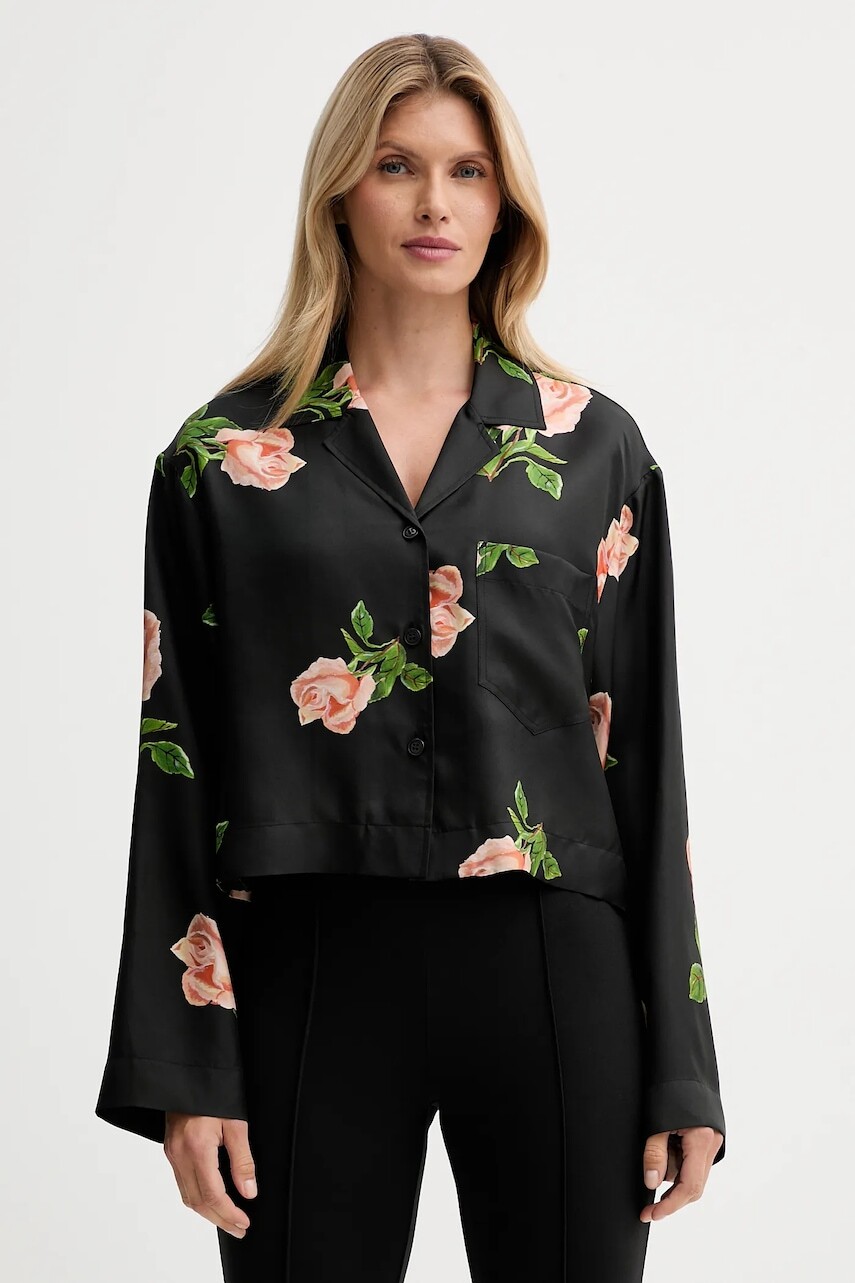 Hodvábna košeľa Nanushka čierna farba, voľný strih, s klasickým golierom, NW25PFTP05798