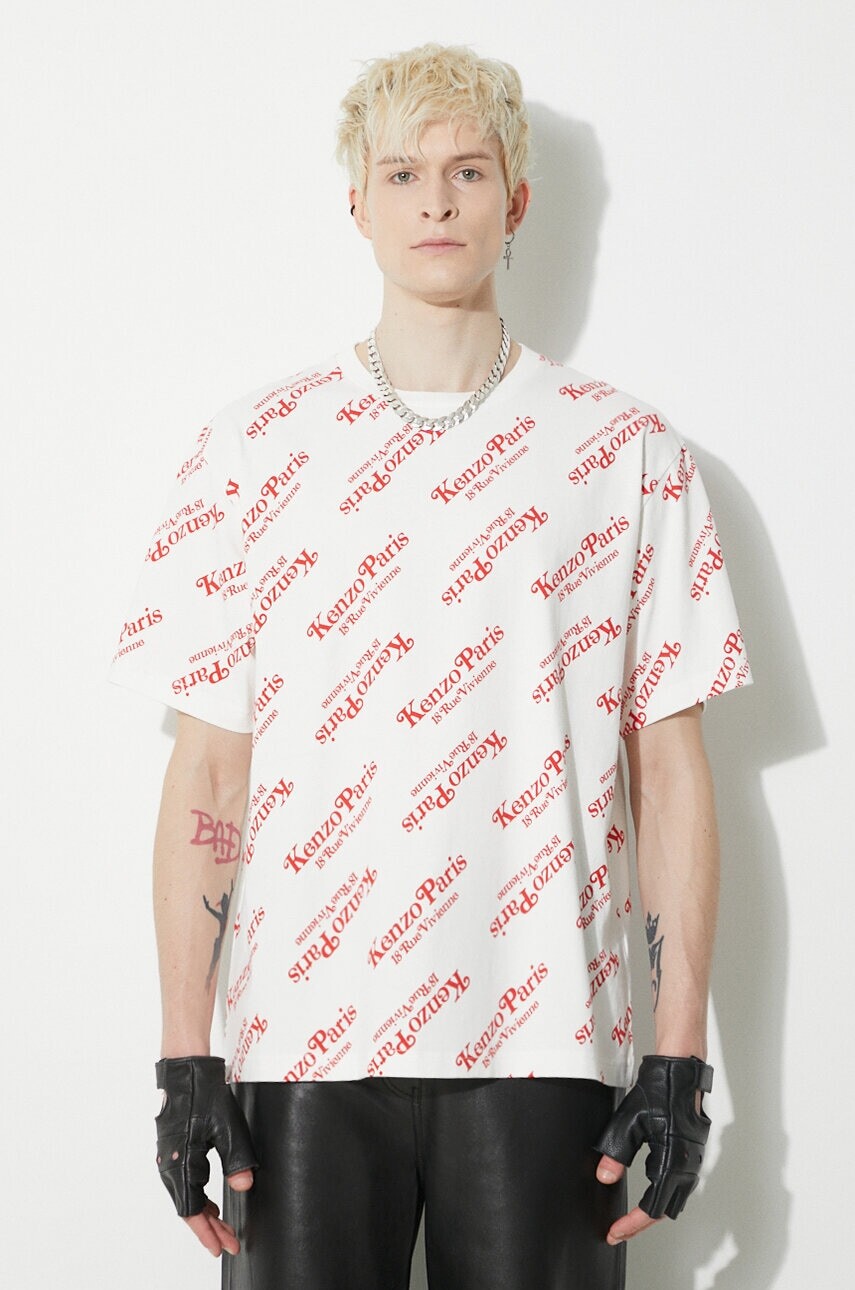 Bavlnené tričko Kenzo pánske, biela farba, vzorované, FE58TS0044SY.02