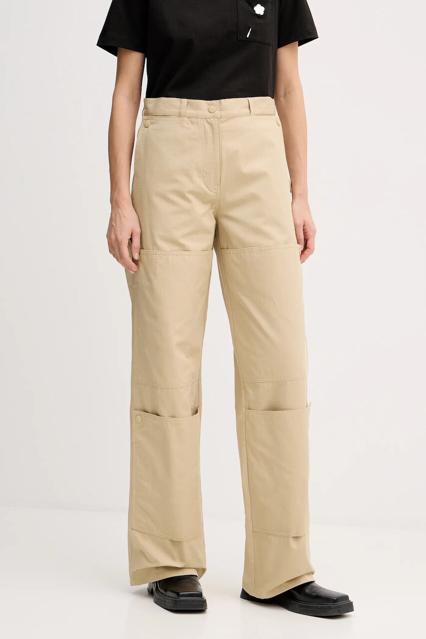 Bavlnené nohavice Kenzo dámske, béžová farba, rovné, vysoký pás, FF52PA1009DL.11