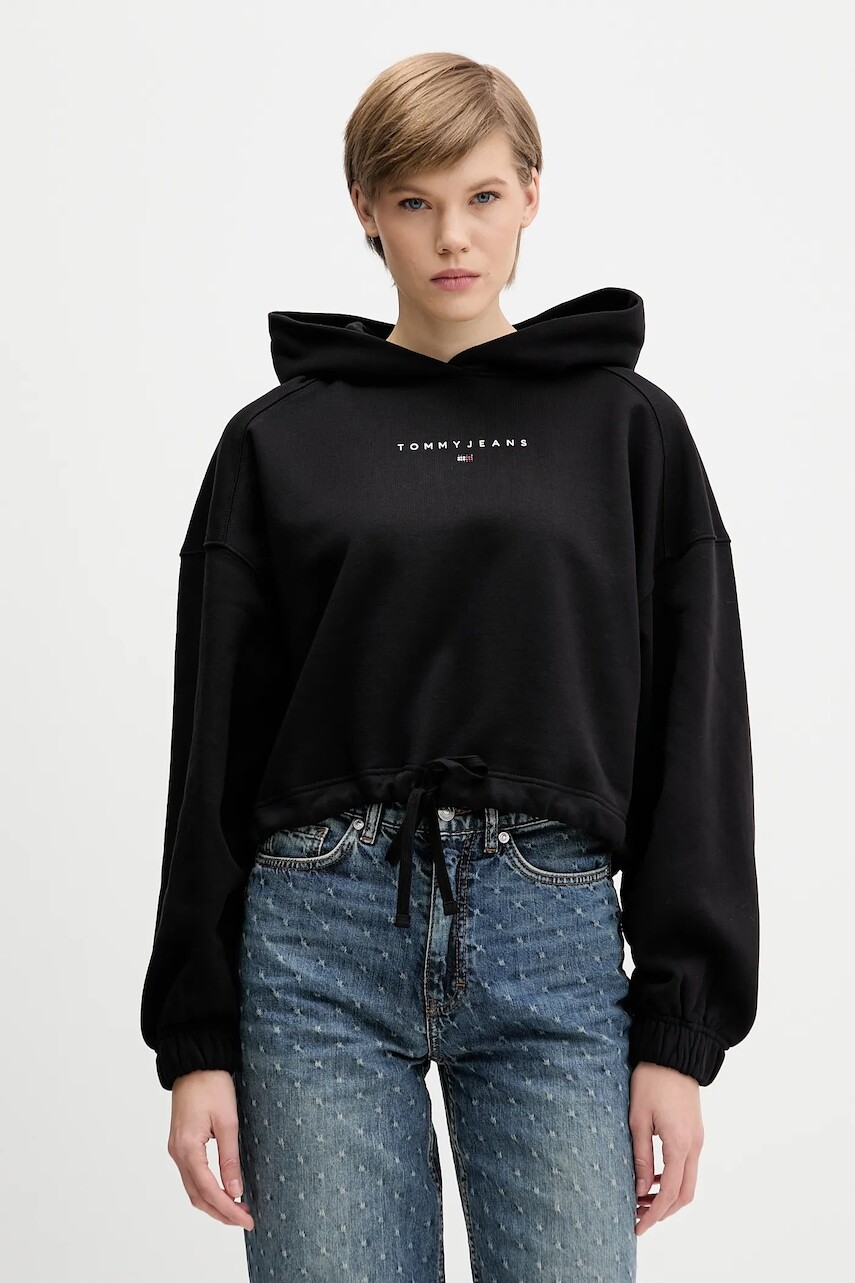 Bavlnená mikina Tommy Jeans čierna farba, s kapucňou, s potlačou, DW0DW21607