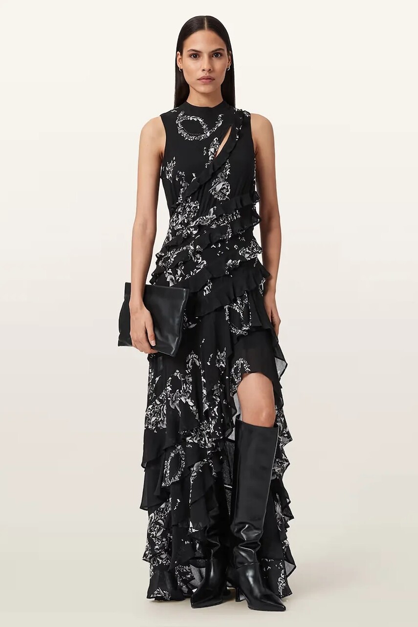 Viskózové šaty AllSaints CADY čierna farba, midi, áčkový strih, W004DD