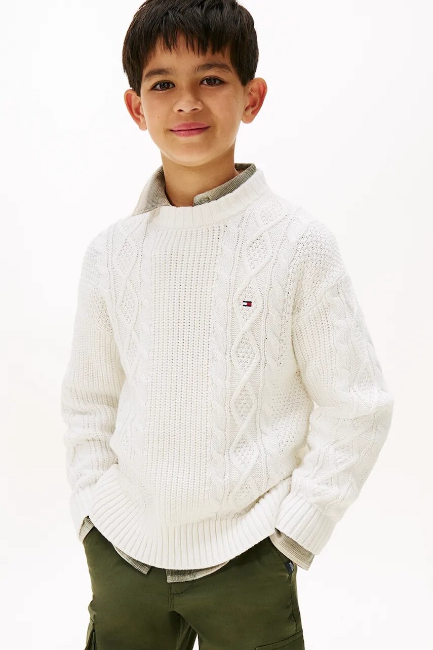 Detský bavlnený sveter Tommy Hilfiger biela farba, KB0KB09910