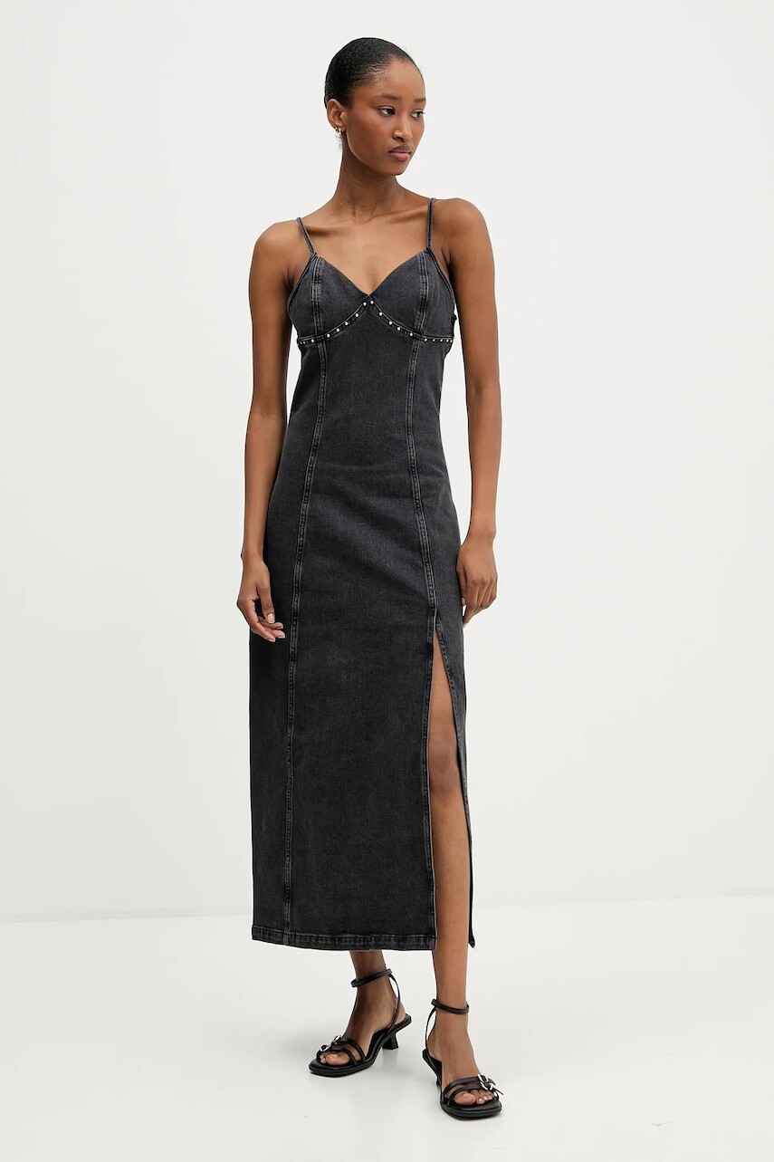 Rifľové šaty Tommy Jeans šedá farba, maxi, áčkový strih, DW0DW21634