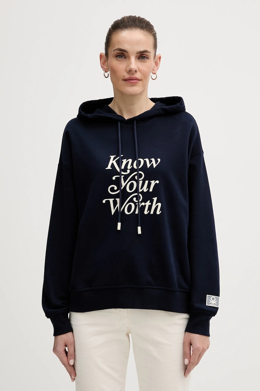 Mikina United Colors of Benetton tmavomodrá farba, s kapucňou, s potlačou, 3WNWD201C