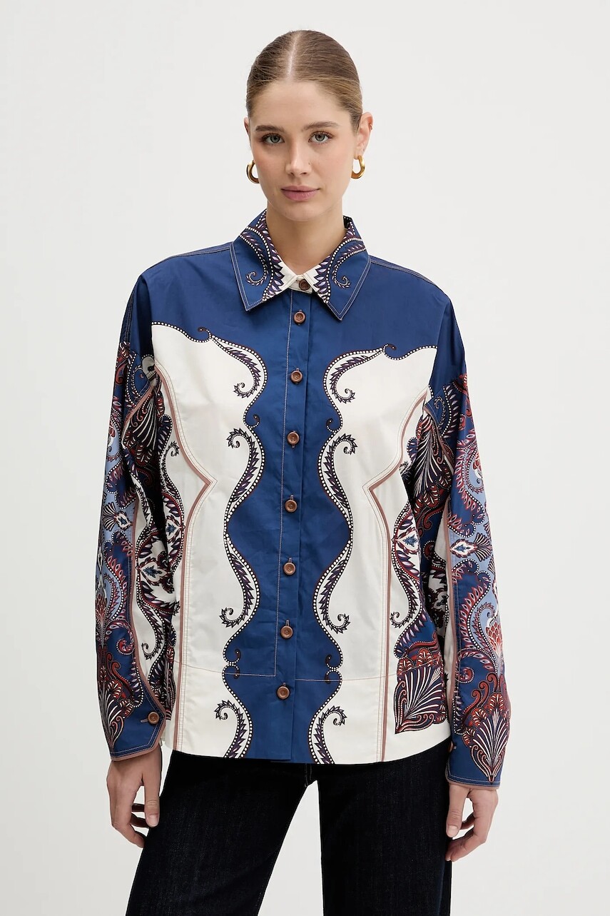 Bavlnená košeľa Farm Rio modrá farba, voľný strih, s klasickým golierom, 344003