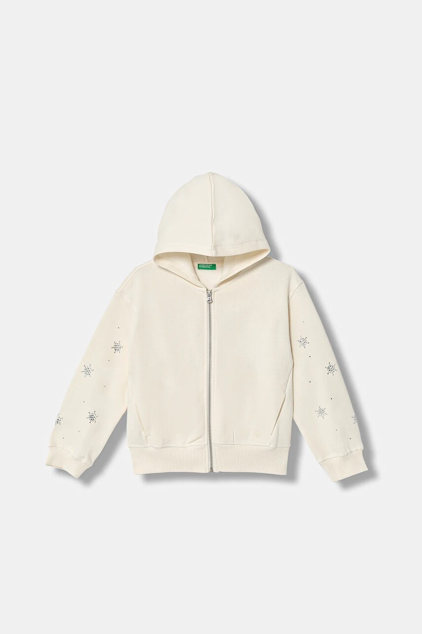 Detská mikina United Colors of Benetton béžová farba, s kapucňou, s nášivkou, 3J73C505R