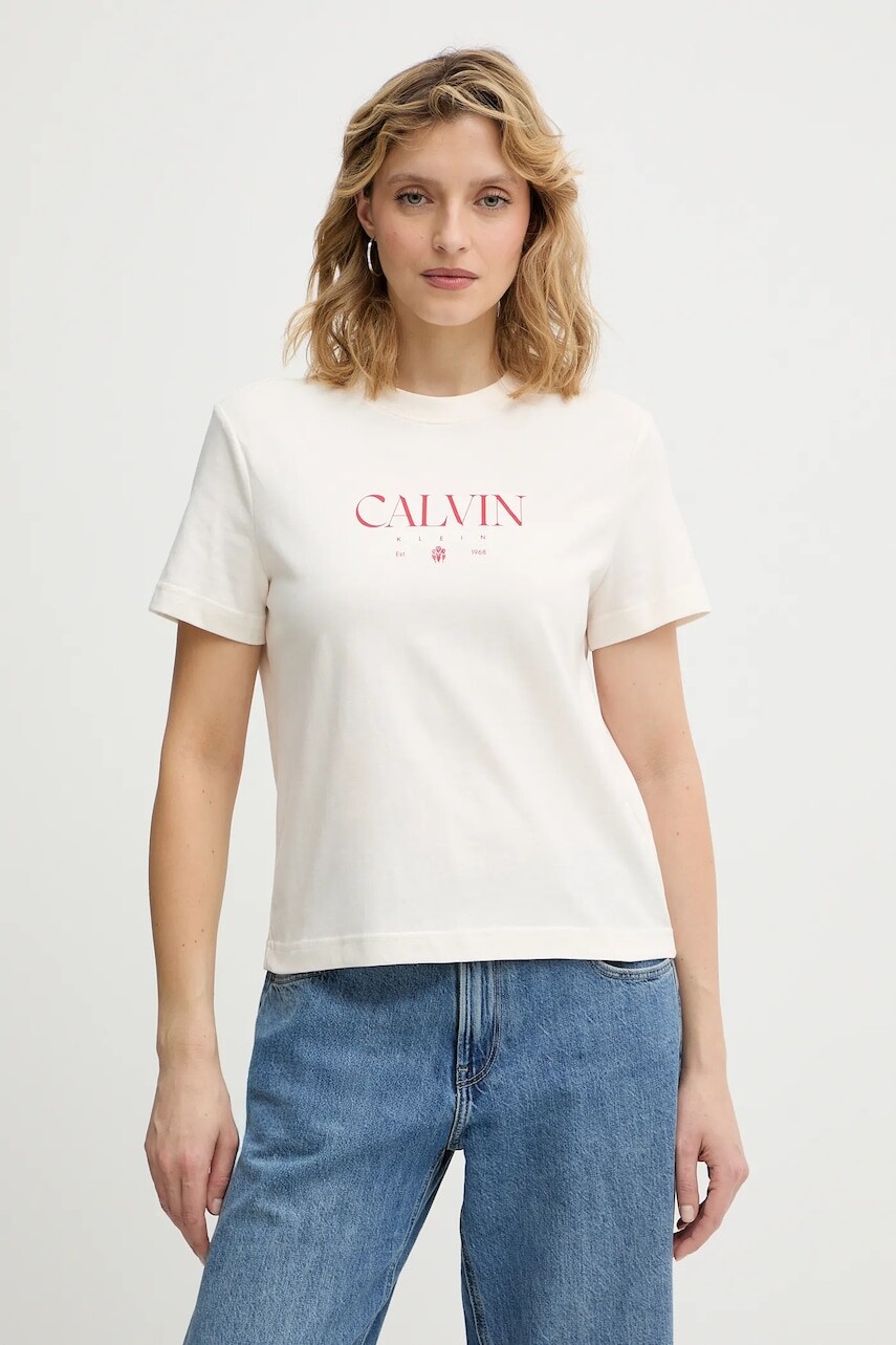 Bavlnené tričko Calvin Klein Jeans dámske, béžová farba, LV047E813G