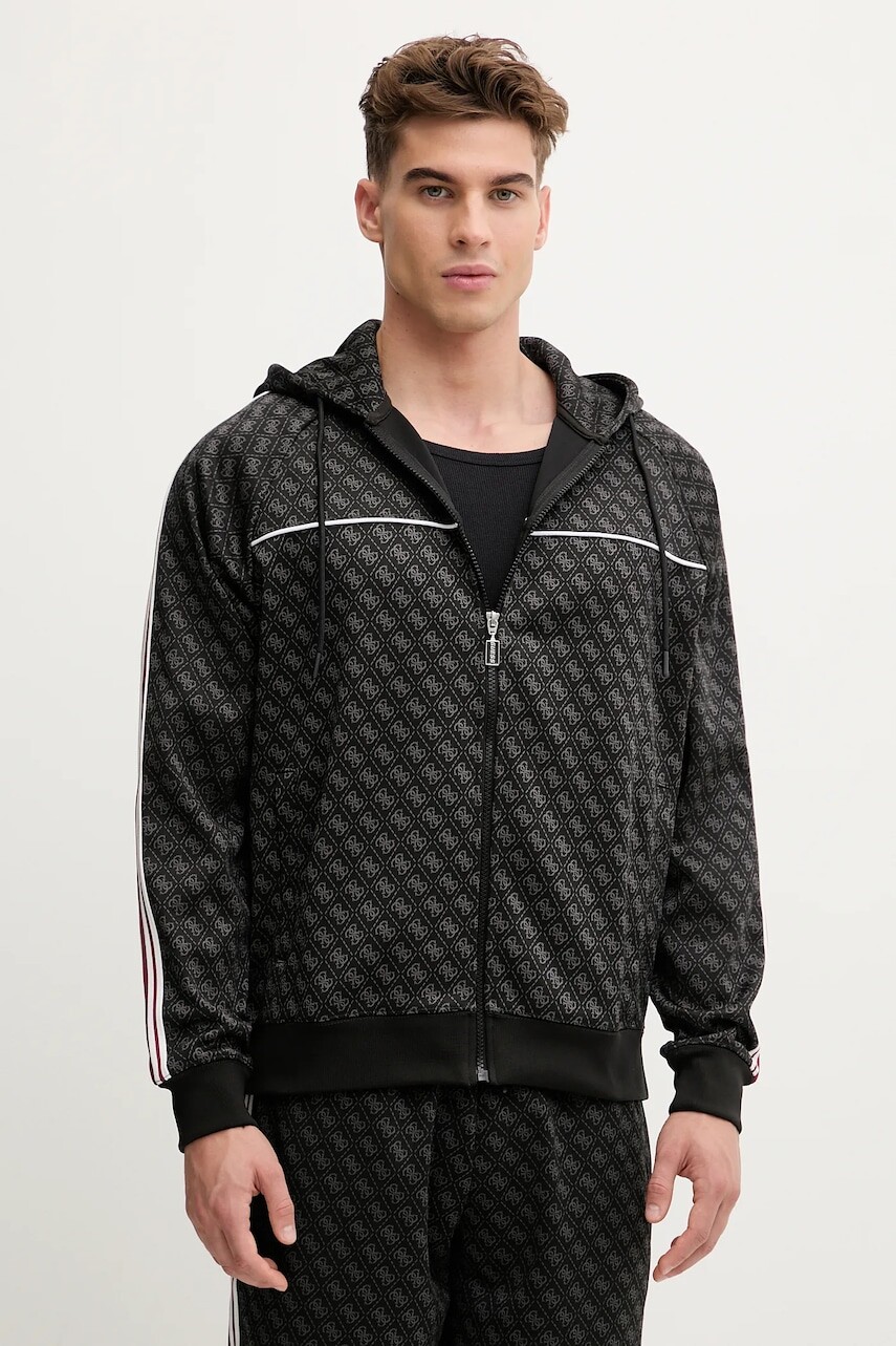 Mikina Guess PARIMO čierna farba, s kapucňou, vzorovaná, Z5BQ13 K2042