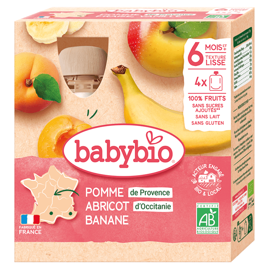 BABYBIO Jablko s marhuľou a banánom 6m+ 4 x 90 g