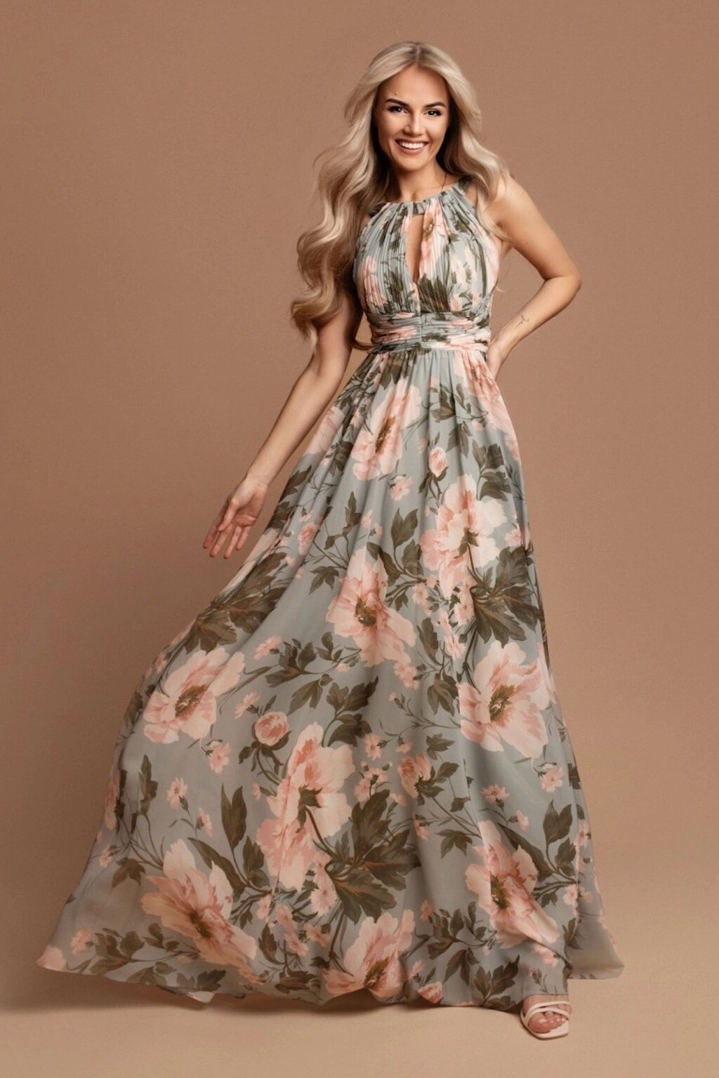 Eva & Lola Zelené spoločenské šaty s kvetinami Veľkosť: S