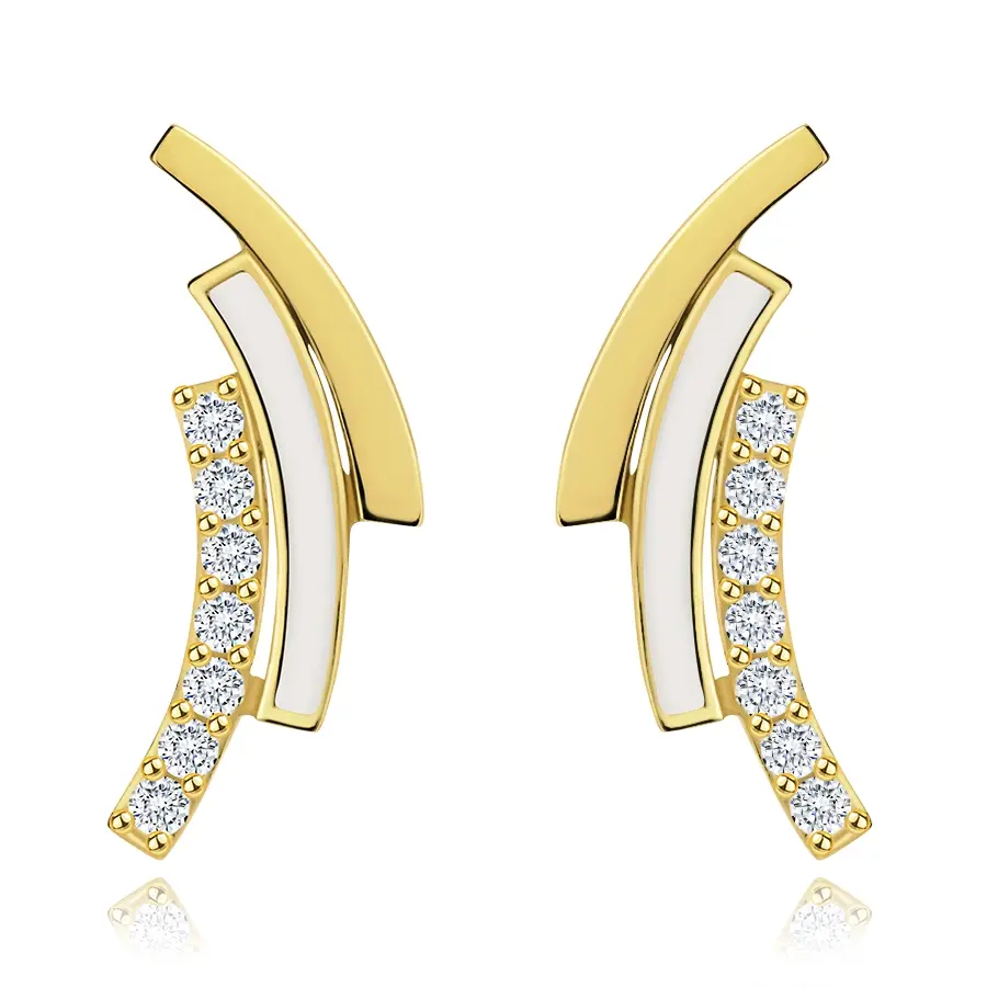 Náušnice zo žltého zlata 9K s tromi oblúkmi, zirkónmi a glazúrou