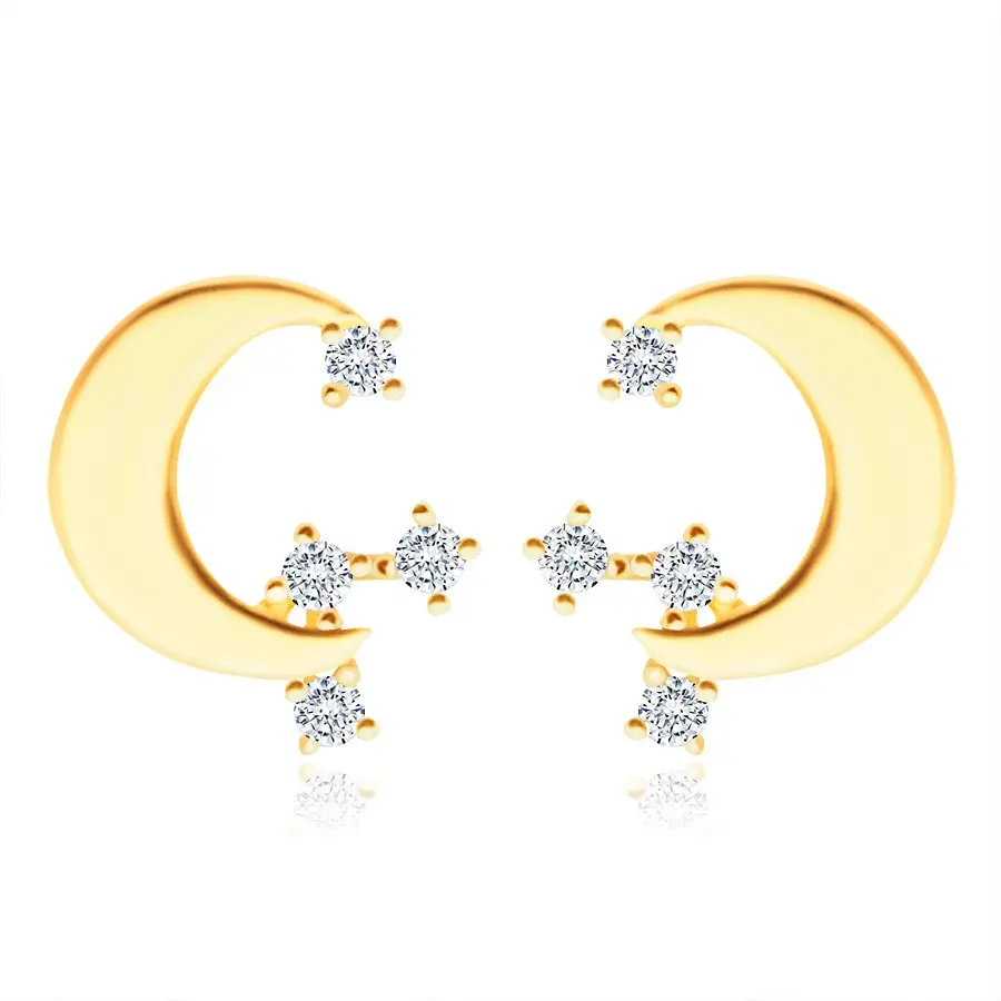 Puzetové náušnice v žltom 585 zlate - plochý mesiačik, okrúhle zirkóny čírej farby